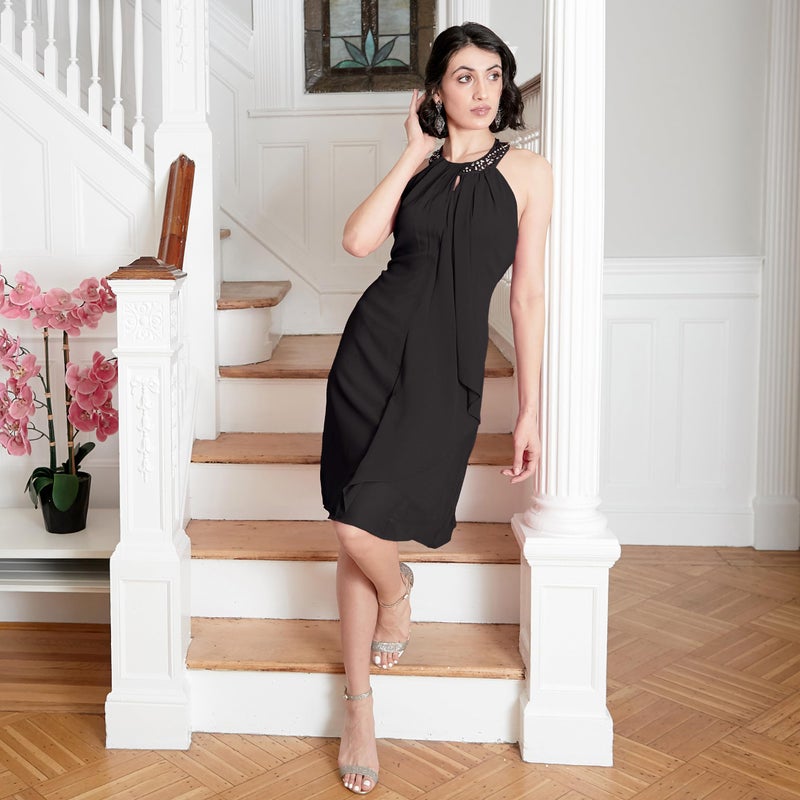 S.L. Fashions Women's Jewel Halter Neckline Cocktail Dress, Wedding Guest, Perfect Party Dress,(Petite and Regular Sizes), Black, 16 - Image 2